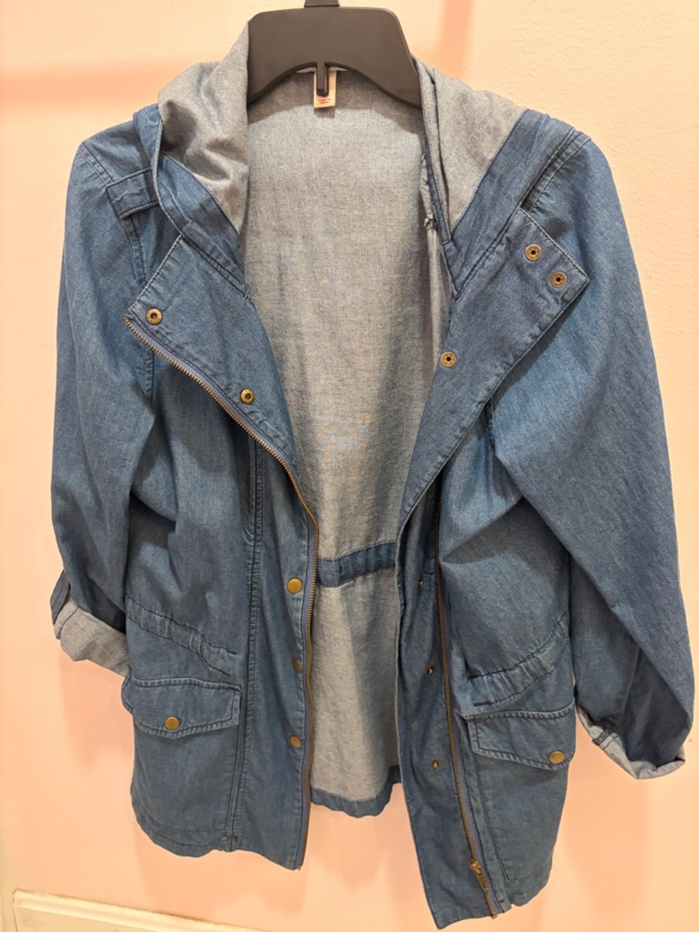 Light Wash Denim Hooded Jacket - Blue